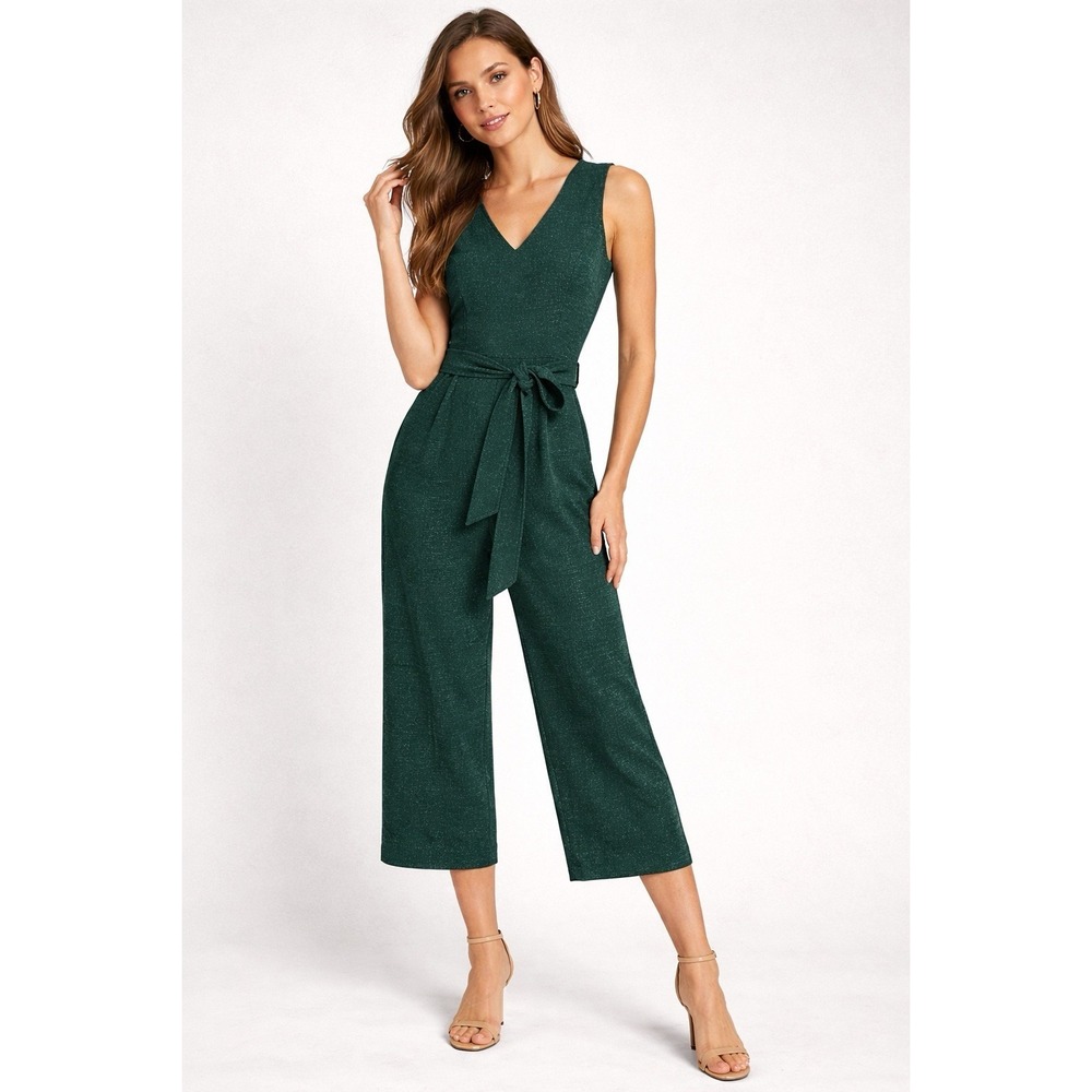 Calvin Klein Women's Sz 2 Green Malachite Shimmer Tie-Waist Cropped Jumpsuit